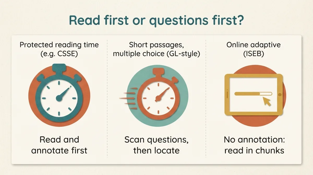 Three-panel decision diagram showing read-first for protected reading time, questions-first for short multiple-choice passages, and chunked reading for online adaptive tests
