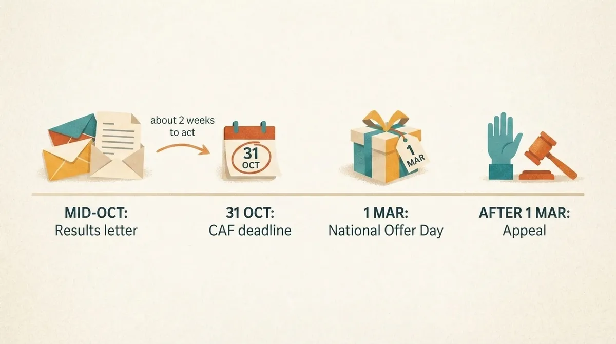 Illustrative Warwickshire timeline from October results to a 31 October application deadline, 1 March offers and appeals afterwards