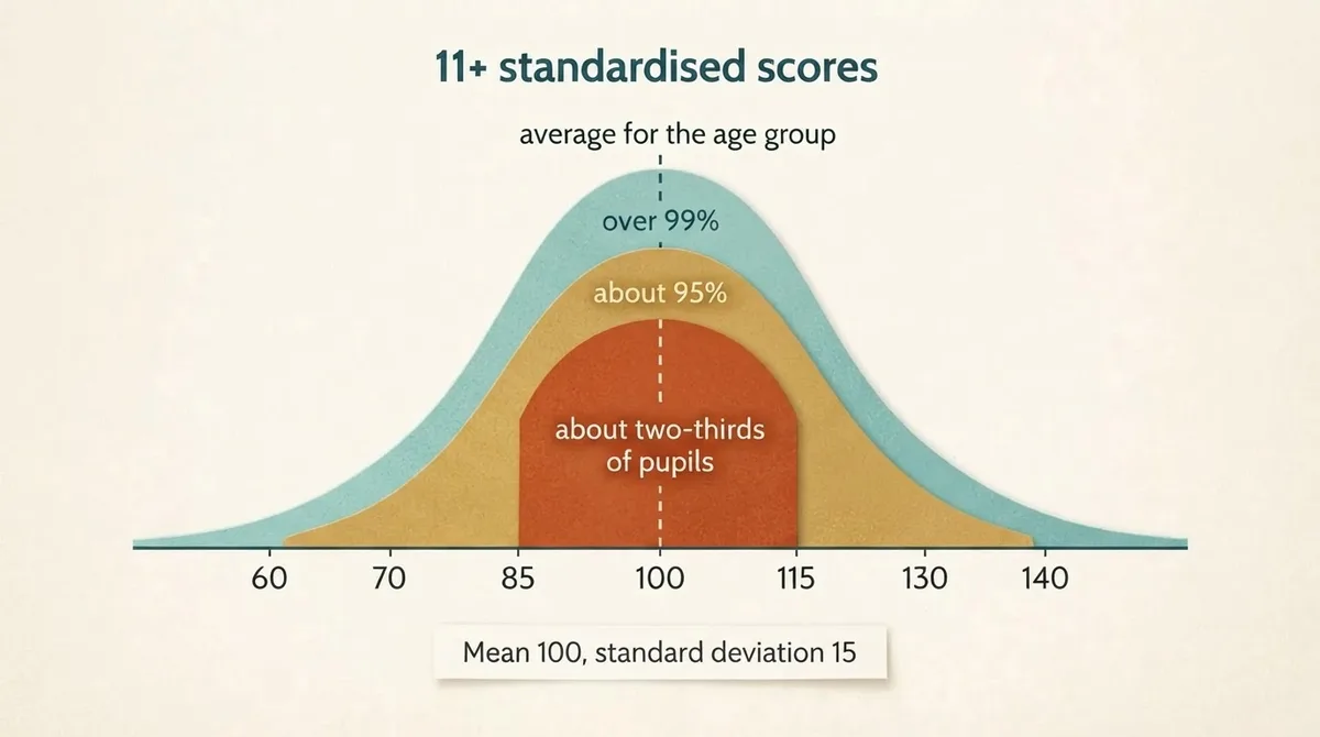 Illustration of a 100-centred reference scale, with bands at 85 to 115, 70 to 130 and 60 to 140