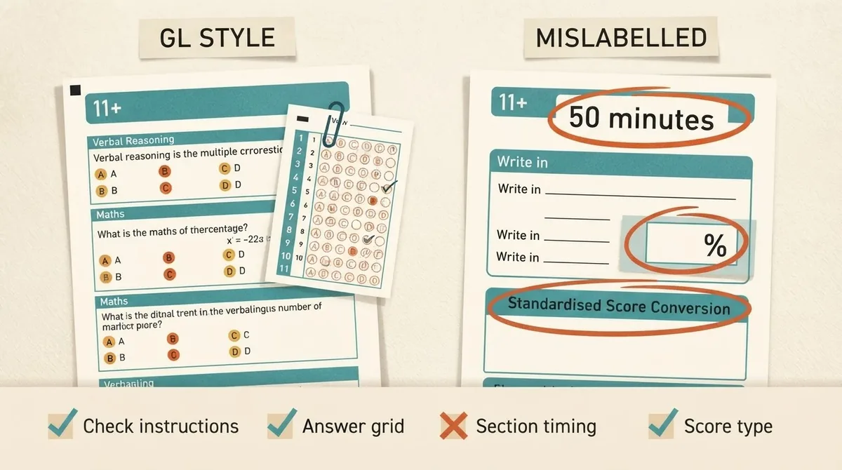 Two 11 plus papers compared side by side, one showing GL style multiple choice with a separate bubble answer grid, the other showing write-in answer lines and percentage marking