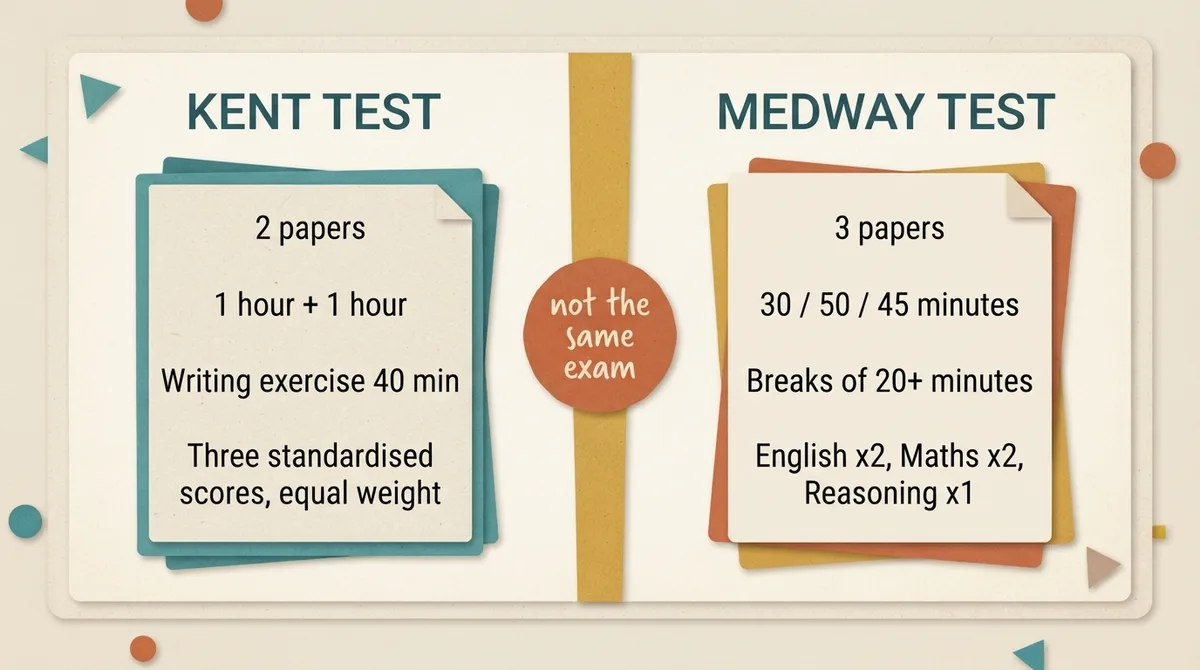 Comparison card contrasting the Kent Test two-paper structure with the Medway Test three-paper structure and weighting