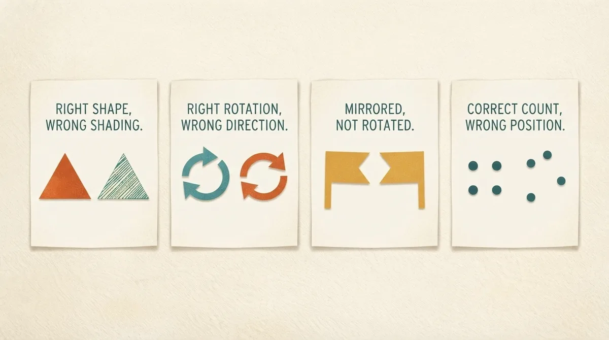 Four cards showing common non-verbal reasoning distractor traps: wrong shading, wrong rotation direction, mirrored not rotated, and correct count in the wrong position