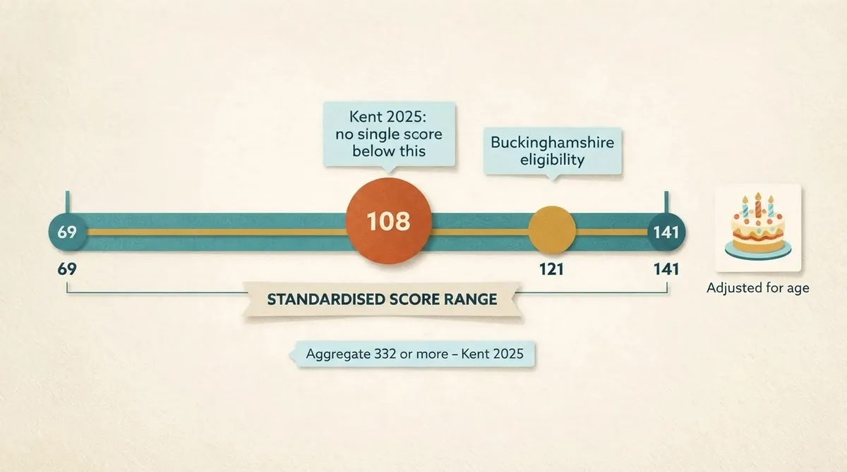 Standardised score scale from 69 to 141 marked at 108 and 121, with a note on the Kent 2025 aggregate of 332
