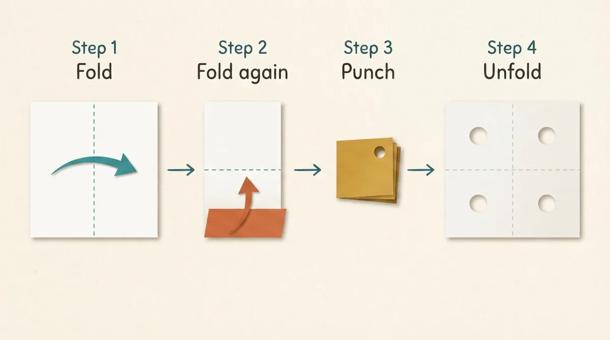 Four step sequence showing a square being folded twice, punched once and opened to reveal four holes