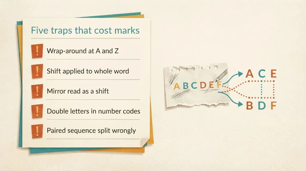 Checklist panel listing five common verbal reasoning code errors with a worked scrap showing a paired sequence split into two streams