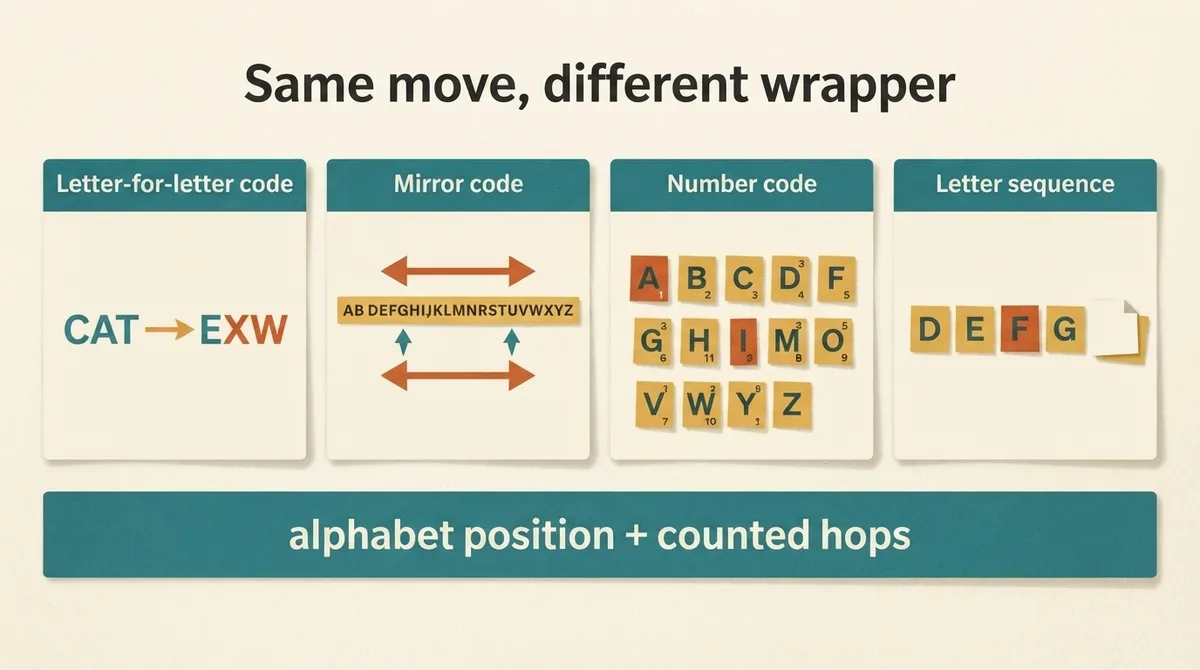 Panel comparing letter-for-letter codes, mirror codes, number codes and letter sequences sitting on a single shared bar labelled alphabet position and counted hops