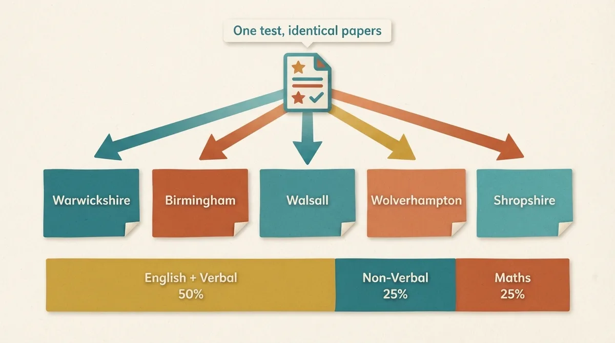 Diagram showing one shared entrance test used across five West Midlands areas with the fifty, twenty-five, twenty-five weighting split
