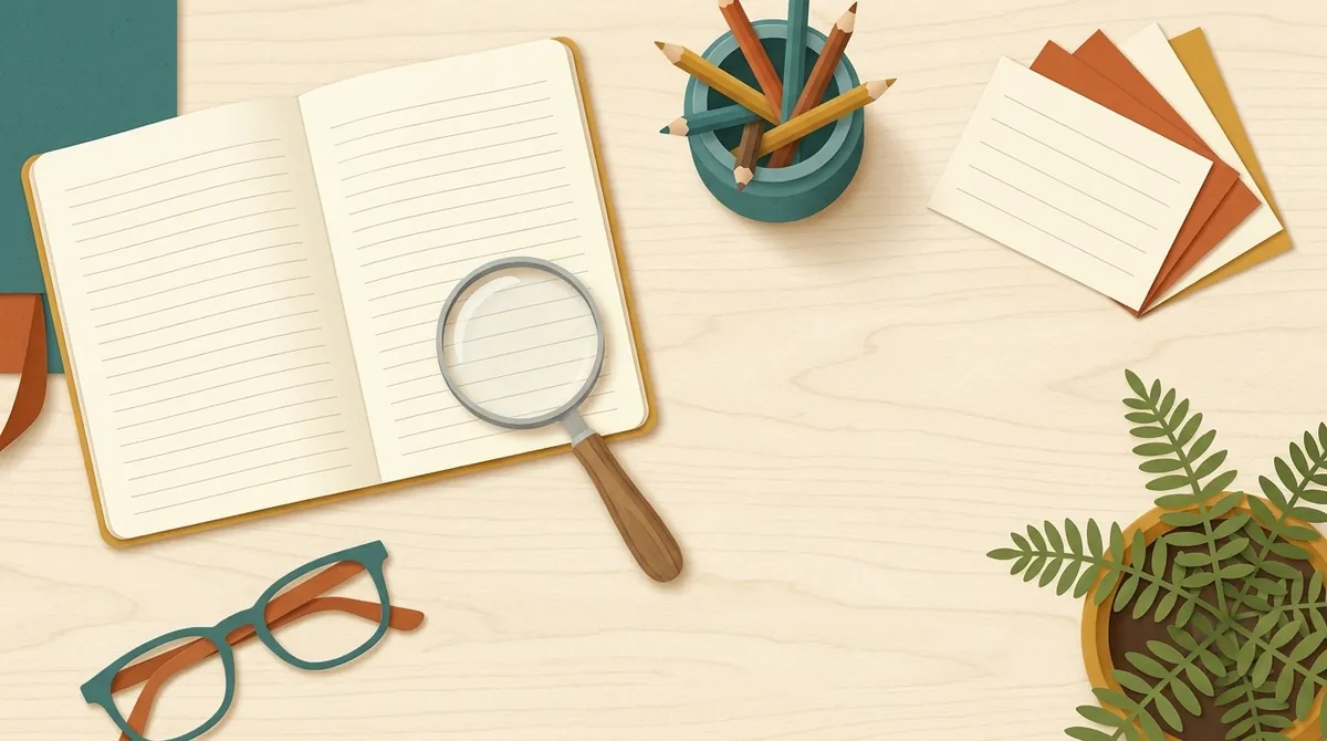 Illustration of a desk with an open notebook, a magnifying glass, word cards and a jar of pencils: the cover of the printable word list