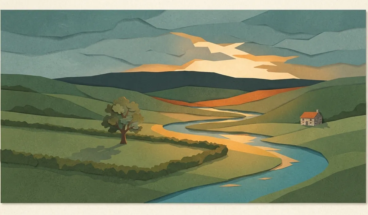 A winding river between green hills, a lone tree, a small cottage and layered clouds with warm light behind them.